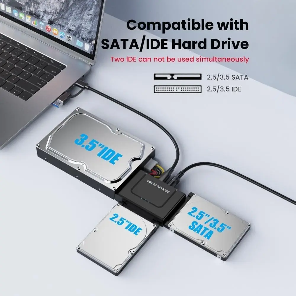 SATA/IDE to USB 3.0 Adapter Hard Drive Adapter Converter for Universal 2.5/3.5 Inch IDE SATA HDD SSD with 12V 2A Power Adapter