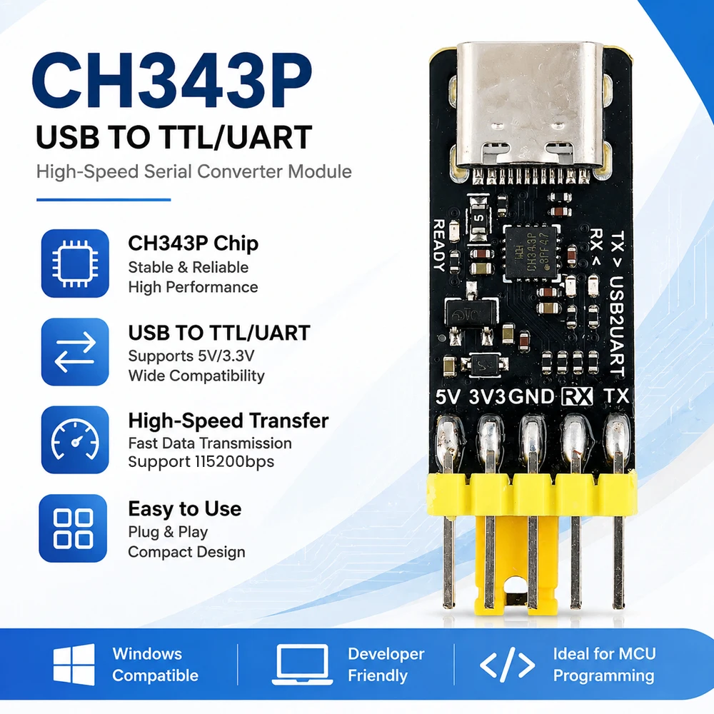 CH343P USB to Serial Port/TTL UART Module Type C 3.3V 5V MCU Serial Port Downloader High Speed Serial Port DIY Project