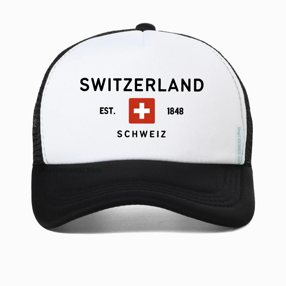 

Switzerland pattern Summer Breathable Mesh Baseball Caps Swiss Flag 1848 Pattern Printed trucker hat adjustable snapback hat