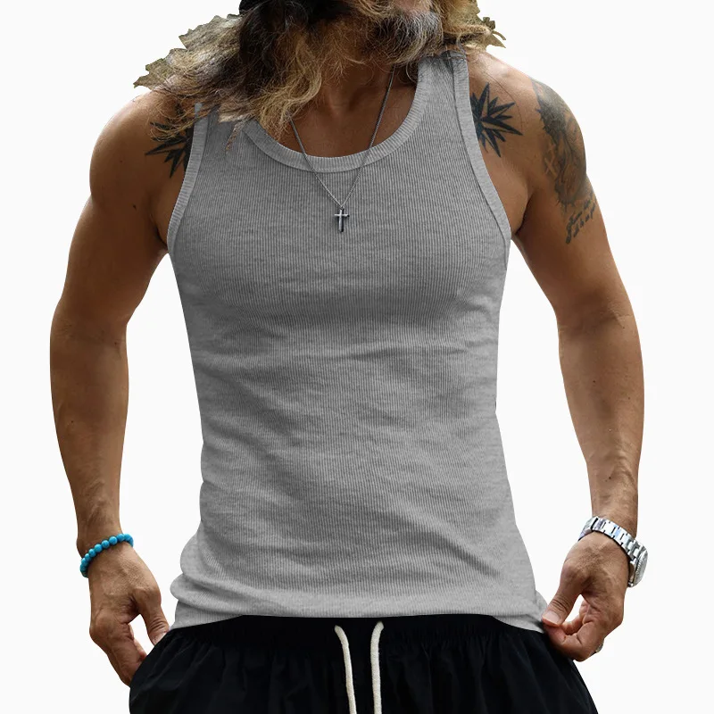 Coarse Thread Fit Elastic Sports Fitness Tank Top for Men Summer Round Neck Large Size Casual Muscle Training Breathable Men