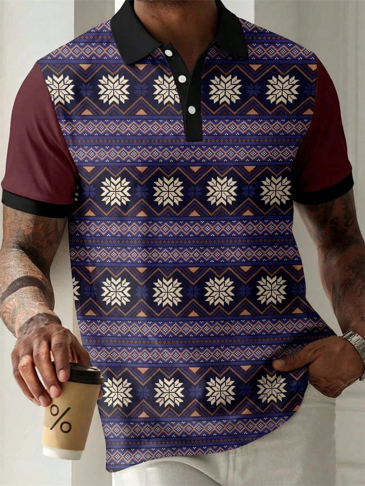 Men's 3D Ethnic Print Color-Block Polo Shirt Summer Casual Streetwear T-Shirt Loose-Fit Short-Sleeve Top Collared T-Shirt