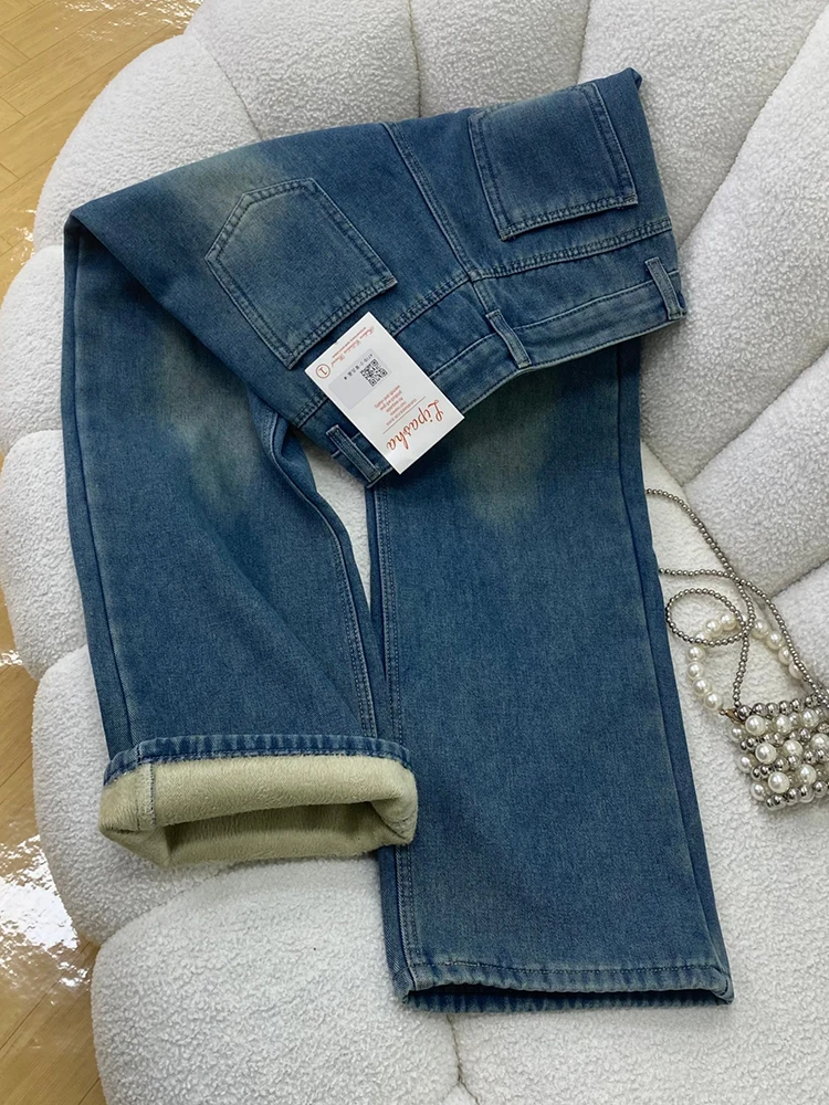 新しい秋冬厚手のデニムパンツ女性のための韓国スタイルのファッションハイウエストストレートジーンズシックなルーズ暖かいズボン