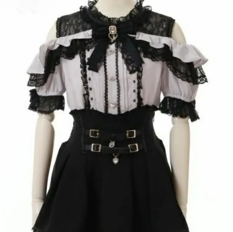 Japanese Lolita Lace Patchwork Blouse Women Harajuku Off Shoulder Sexy Cute Shirts Girly JK Kawaii Bow Sweet Camisas Blusas