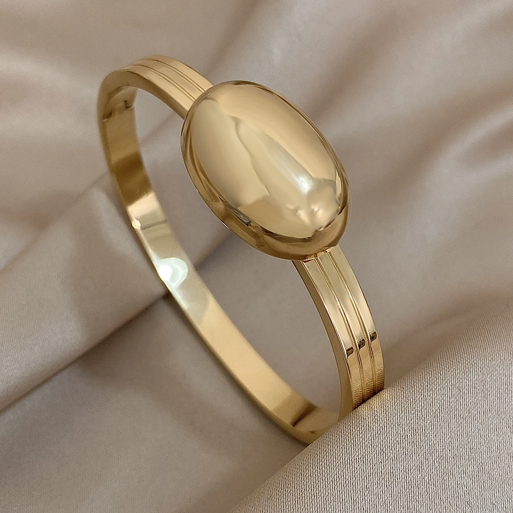 AENSOA Chunky Gold Color Oval Ball Wide Stainless Steel Open Cuff Bangles Bracelets for Women Men Punk Geometry Wrist Jewelry image 2