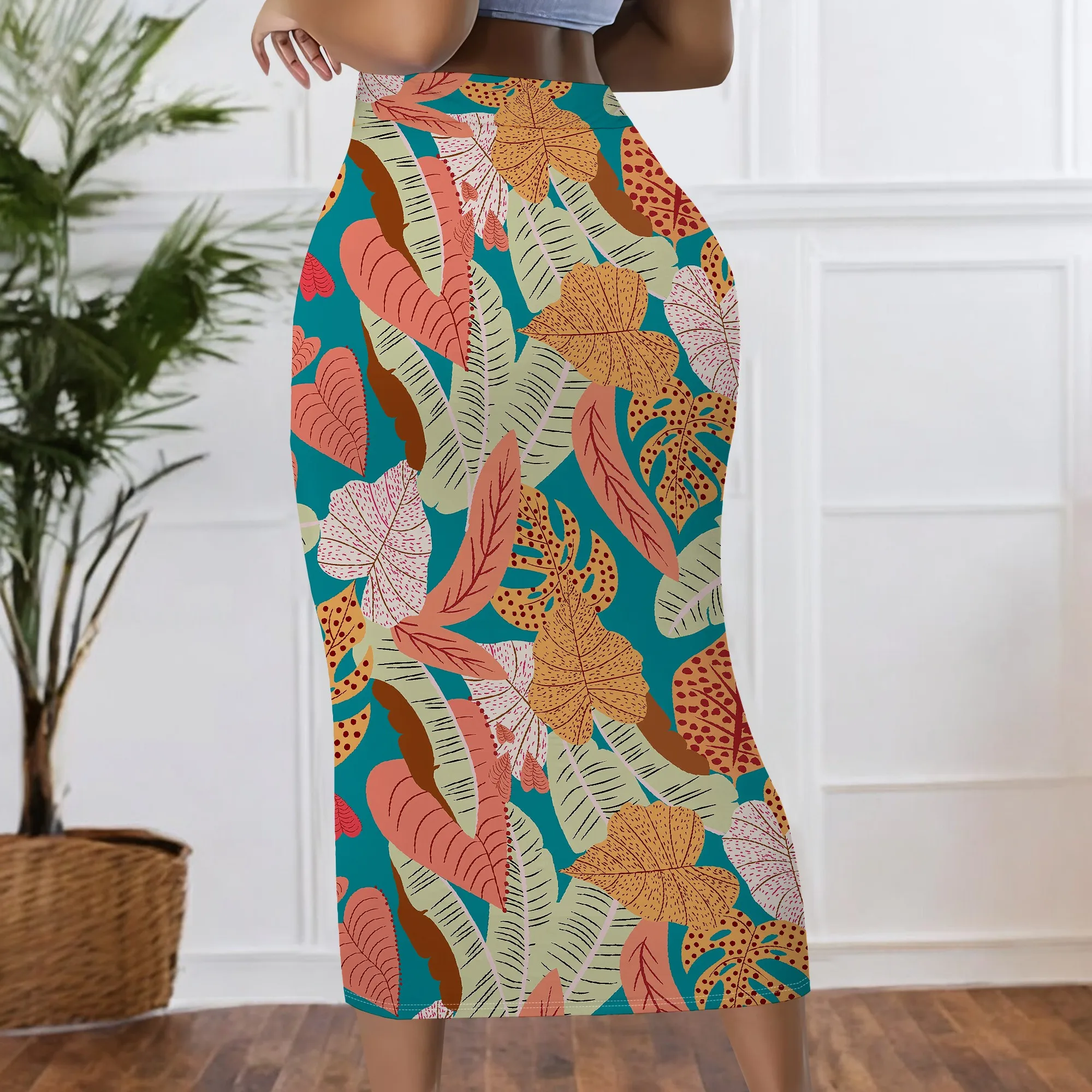 Tropischer Print-Rock, Boho-Midirock, Rock mit Blattmuster, Bleistiftrock mit hoher Taille, Sommer-Strand-Urlaubskleidung, S-2XL – Detail 4