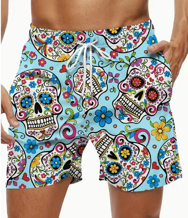 Summer Men's Ethnic Style Skull Pattern Board Shorts With Drawstring And Pockets Chic And Trendy Beach And Holiday Casual Shorts