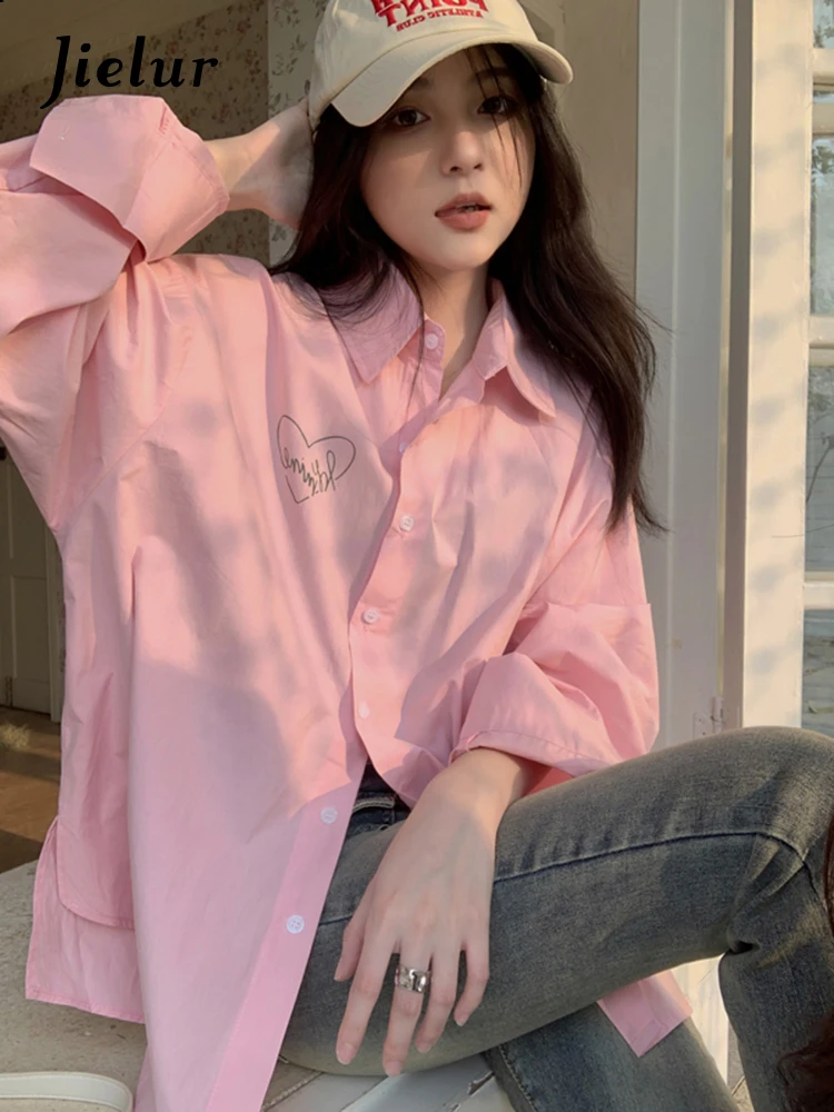 

Jielur Summer New Fashion Loose Slim Long Sleeve Shirt Women Sweet Polo Neck Women's Shirt Korean Basic White Pink Blue Top