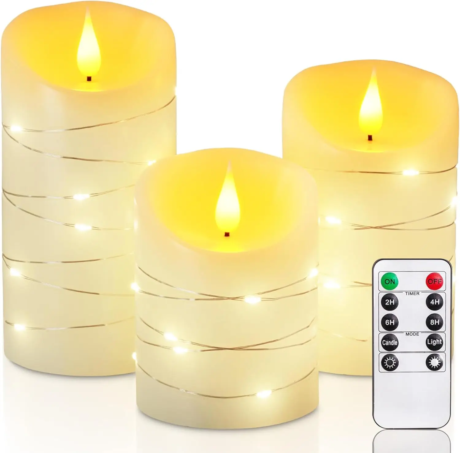 

Pack of 3 Led Candles Embedded Fairy String Lights Electric Flickering Candle light Remote Controlled w/Timer Paraffin 3D wick