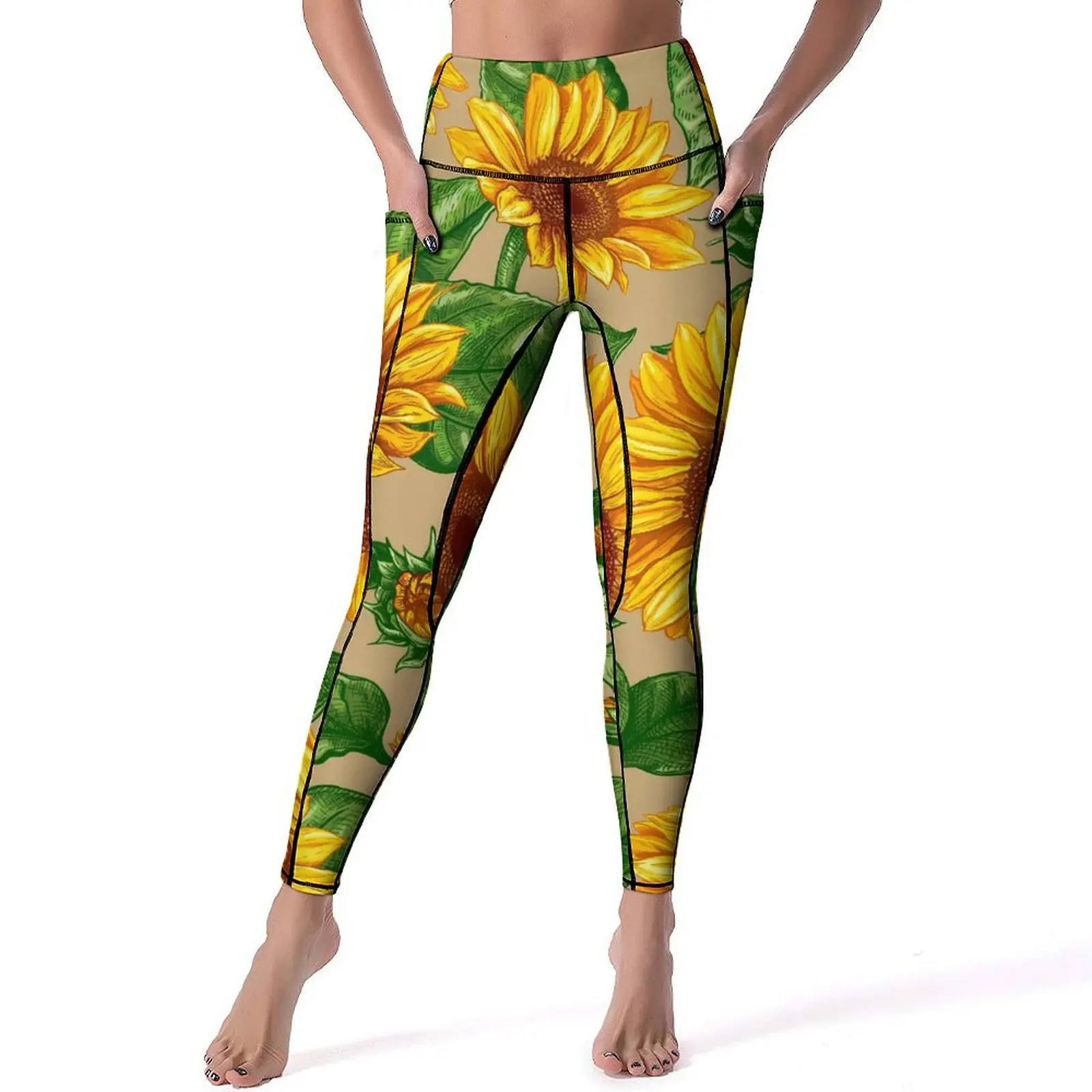 Pantaloni da Yoga con stampa girasole Leggings grafici con fiori gialli Sexy Leggins Fitness a vita alta collant sportivi elasticizzati dolci da donna