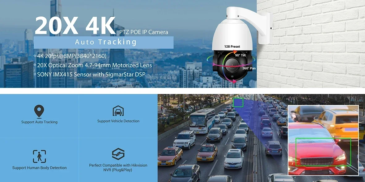 IP 8MP 20X Auto Tracking PTZ Speed Dome Camera 4 Inch IMX415 Sensor IP66 Waterproof Internal POE Internal MIC