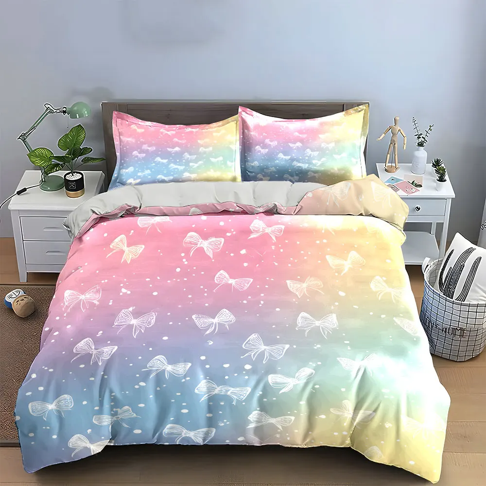 Pastel Bow Background Decor Set Bedding Set with 1 Duvet Cover 2 Pillowcases Single Double King Queen, Gift