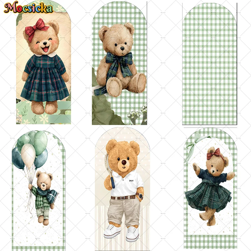 Mocsicka Bear Baby 1st Birthday Party Arch Chiara Wall Backdrop Green Plaid Balloon Background Boy Girl Gender Reveal Photobooth
