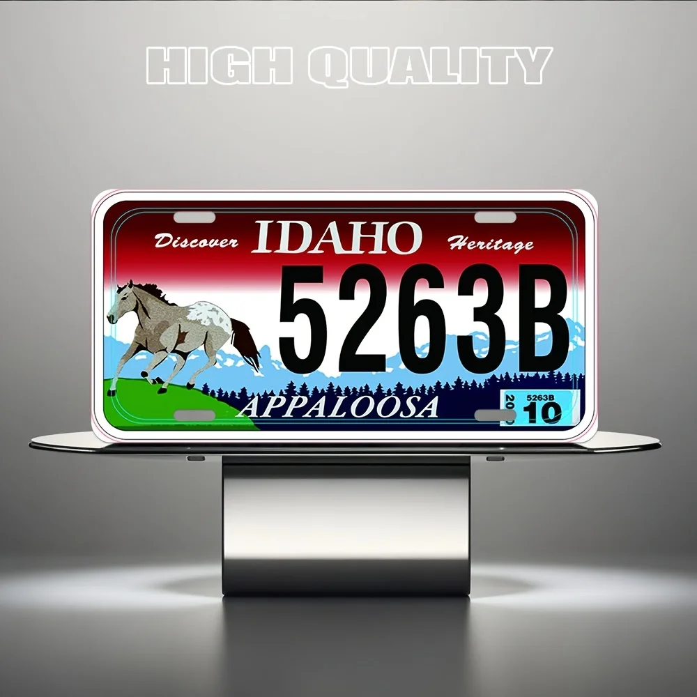 لافتة حائط لوحة ترخيص Idaho Heritage - فن معدني من الألومنيوم بتصميم حصان وجبل، ديكور جراج ذو طابع غربي، متين