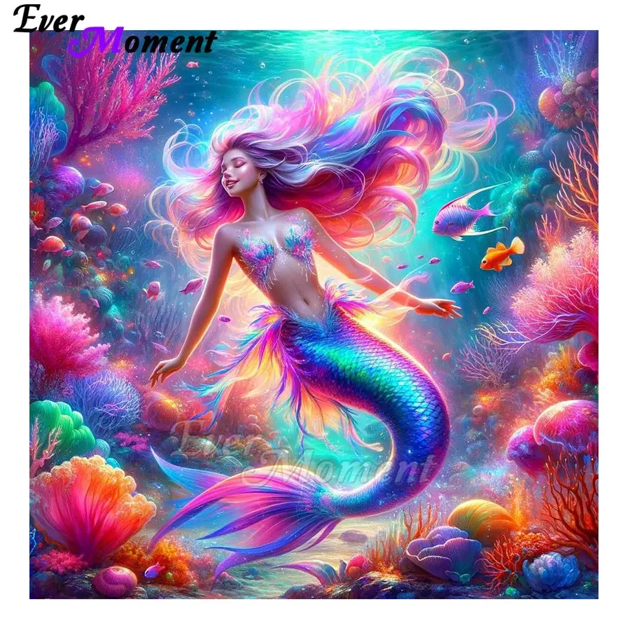 Ever Moment Mermaid in the Seabed Coral and fish Diamond AB Diamond Cross Stitch for Home Decor ASF3102