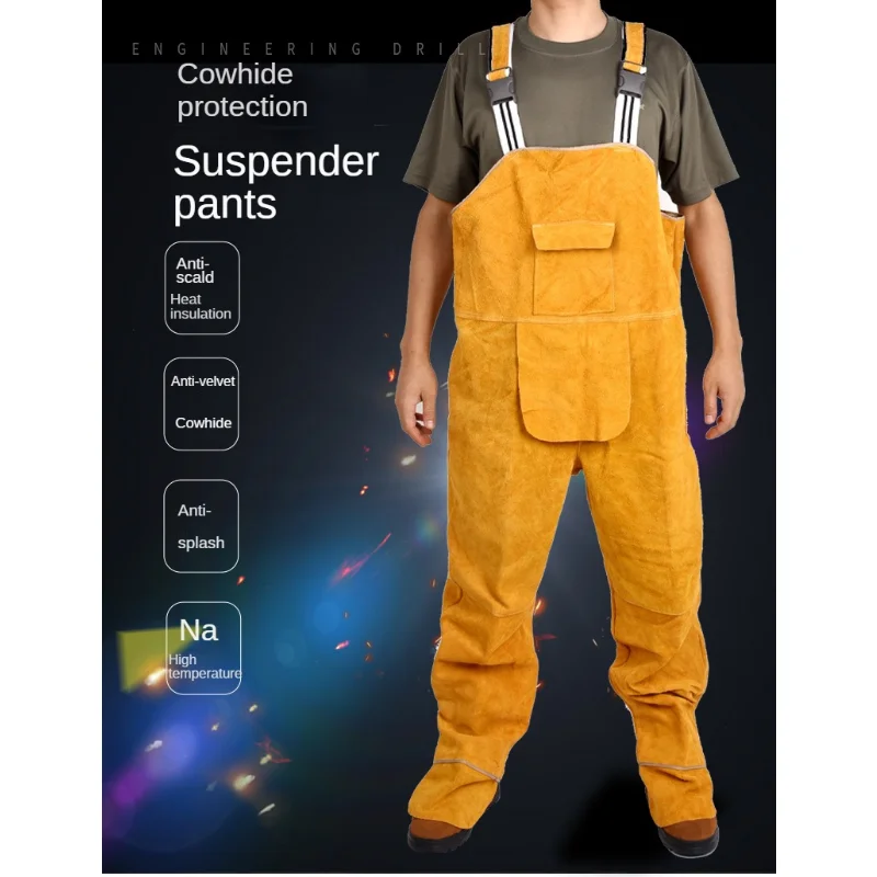 Cowhide Flame-retardant Wear-resistant Thermal Insulation Fireproof Welding Work Labor Protective Clothing Pants Jumpsuit - XXL