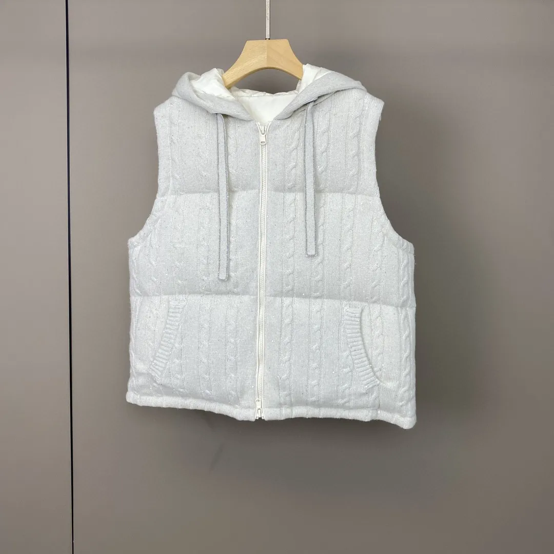 Autumn Winter Women Beaded Down Vest Sleeveless Solid Color Fashion Female Hooded Jacket