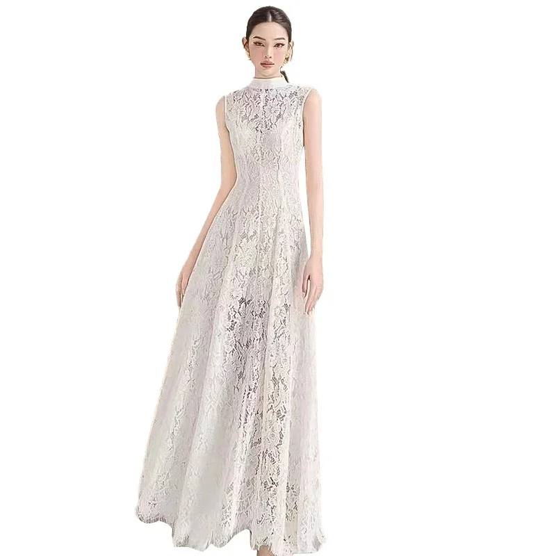 Neues weißes Spitzen-Maxikleid mit Rundhalsausschnitt, ärmellos, schmale Passform, modisch, trendig, elegant, lässig, Partykleidung