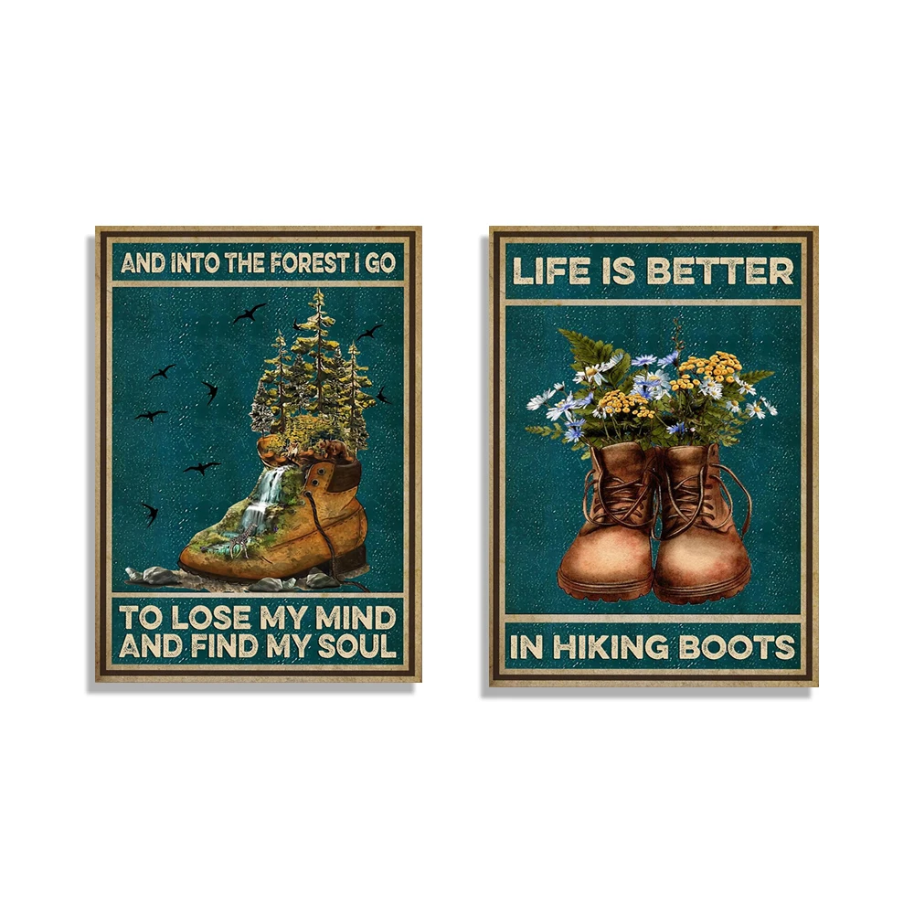 Póster de 'Y en el bosque me vuelvo loco, encuentro mi alma', póster de botas de senderismo, póster de camping, póster de aventura, la vida es mejor