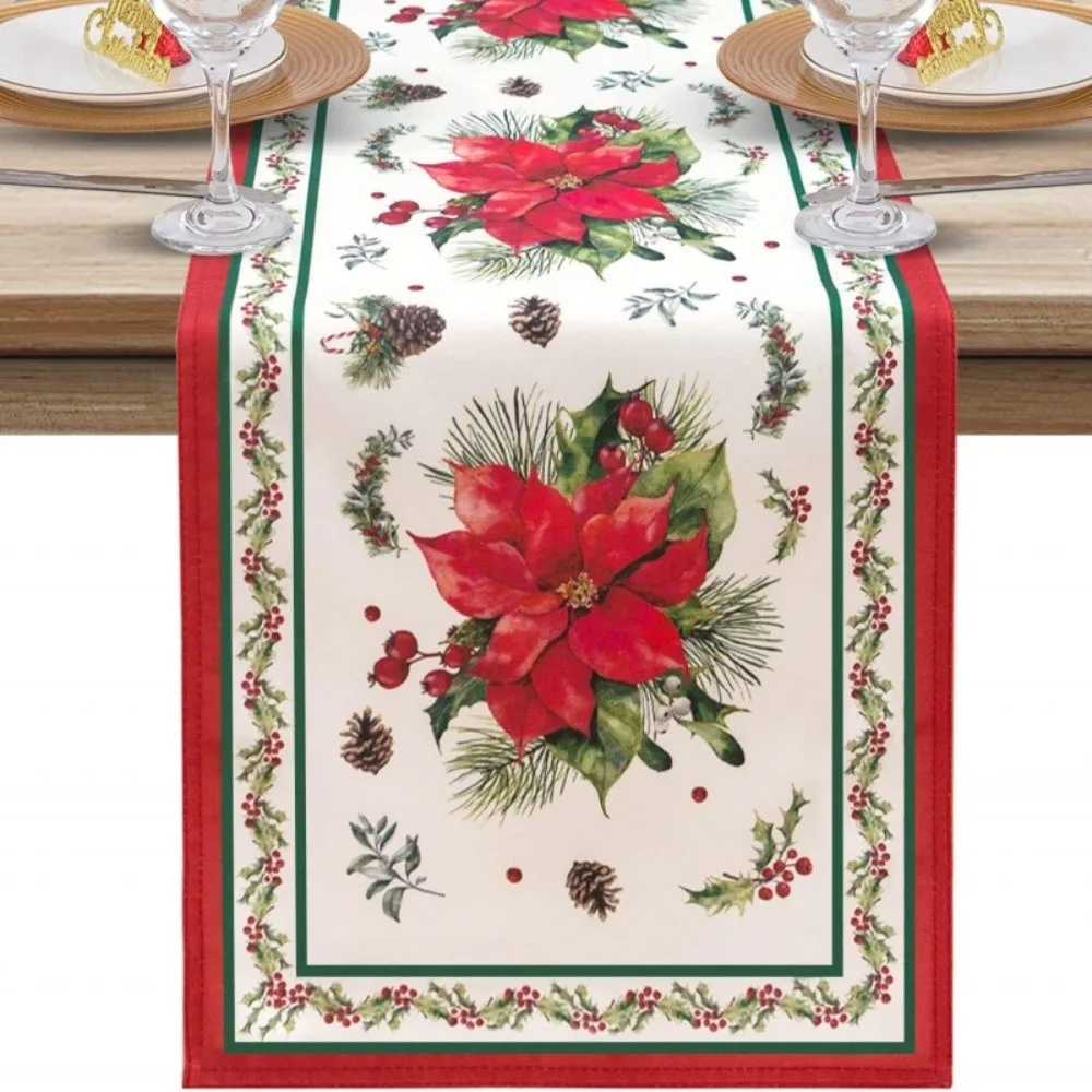 Poinsettia Flower Pattern Christmas Table Runner Long Length Linen Material Table Decor Cloth Rectangular Shape