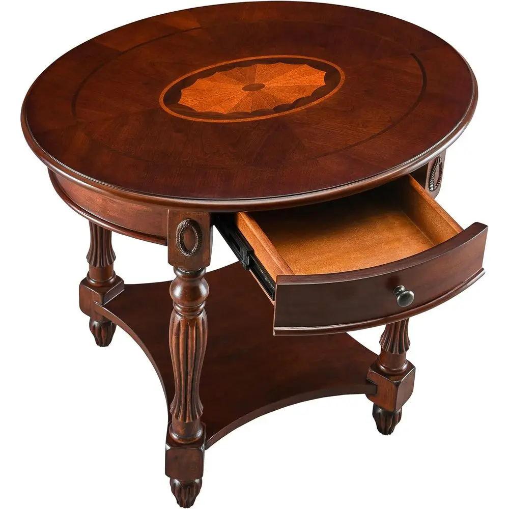 Solid Wood End Table with Der, Oval Soa Side Table, Storage Shel, Living Room Table, Nightstand, 24”H Cherry Walnut CJZ1533WD-DR