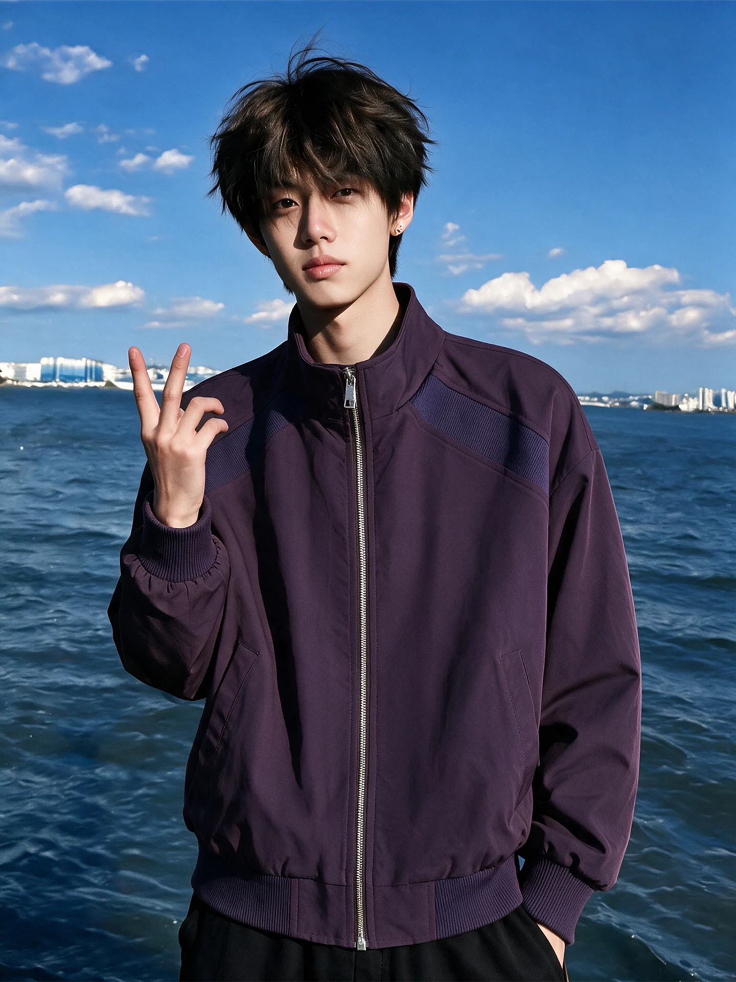 Purple Short Boxy Collar Men's Jacket Spring Autumn Workwear Style American Retro Baseball Uniform Standard Fit Anti-Wrinkle