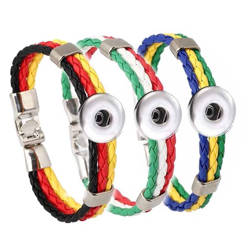 Twist Weave National Flag Colorful Pu Leather Fit 18mm Snap Buttons Bangle Bracelet Charm Jewelry For Women Men Gift 22cm SE0300