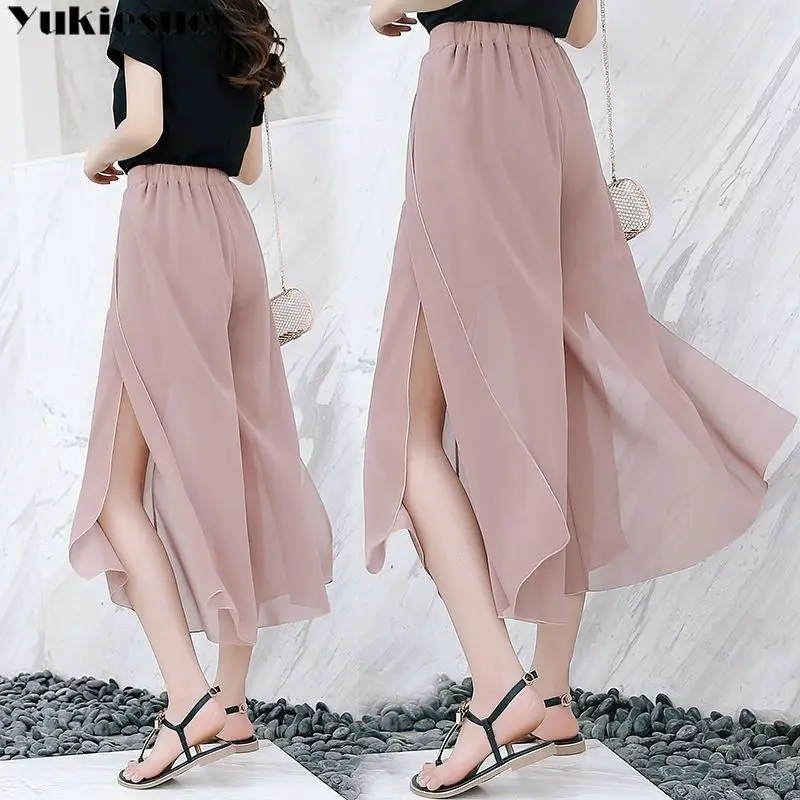 Women Trouser Skirt 2023 Summer New Style Wide Leg Nine Cent Pants Chiffon Skirts Female Korean Style Split Tulle Trouser Skirt