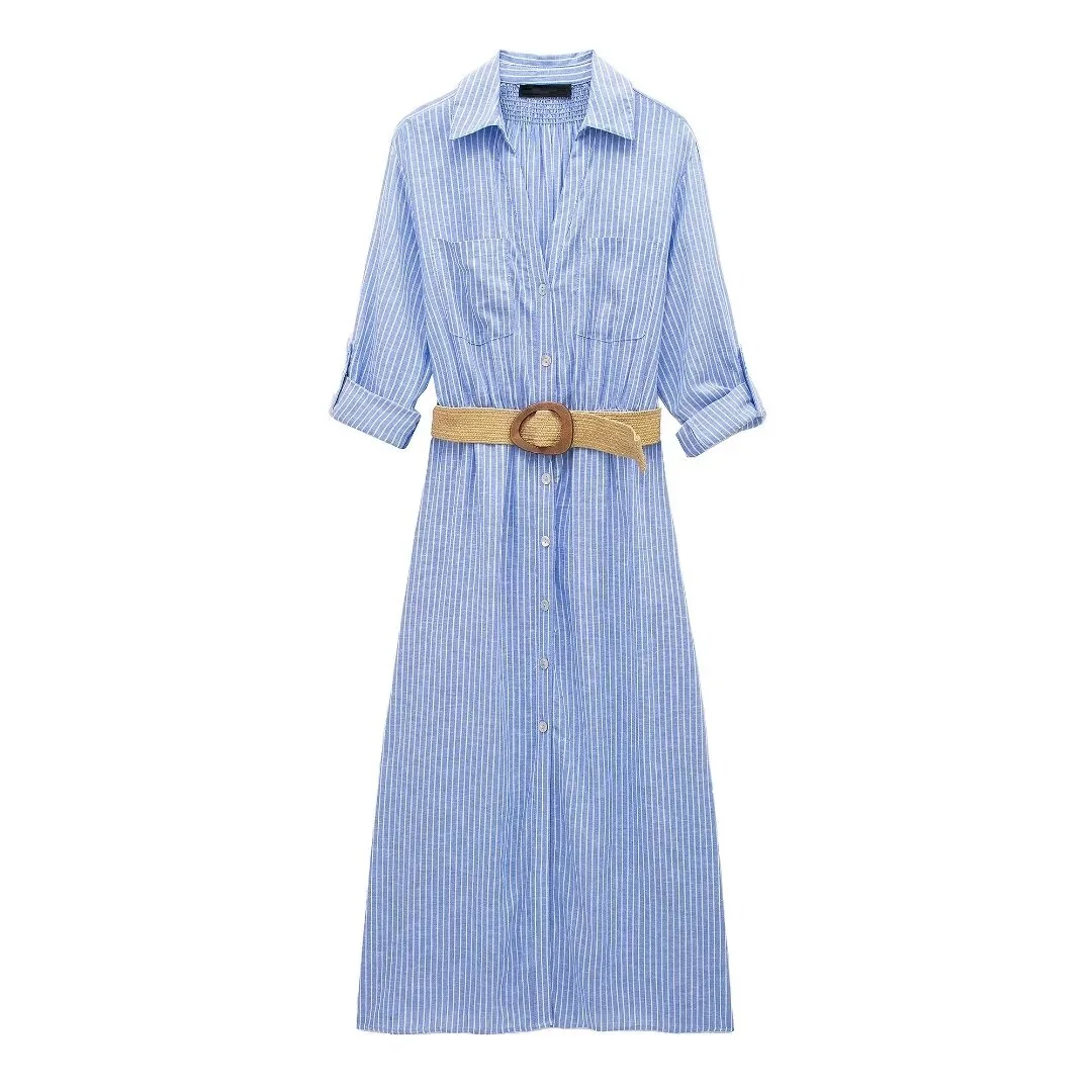 Tangada 2024 Summer Women Cotton Linen Loose Dress With Belt Long Sleeve Causal Ladies Midi Dress 3h0292