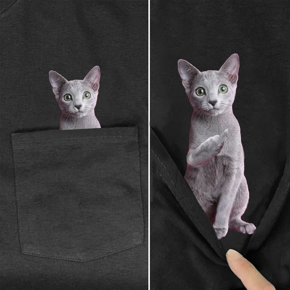 

CLOOCL Russian Blue Cats T-Shirts Funny Cats Middle Finger Pocket Tees Cotton Short Sleeve Shirts Men Clothing Dropshipping