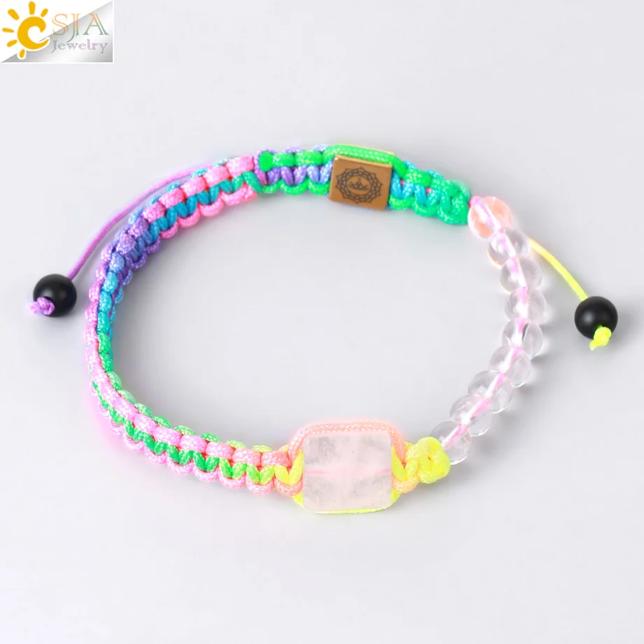 CSJA Natural Stone Braided Bracelet Mini 6mm Rock Crystal Bead Healing Meditation Balance Adjustable Bracelets Jewelry Girl H144