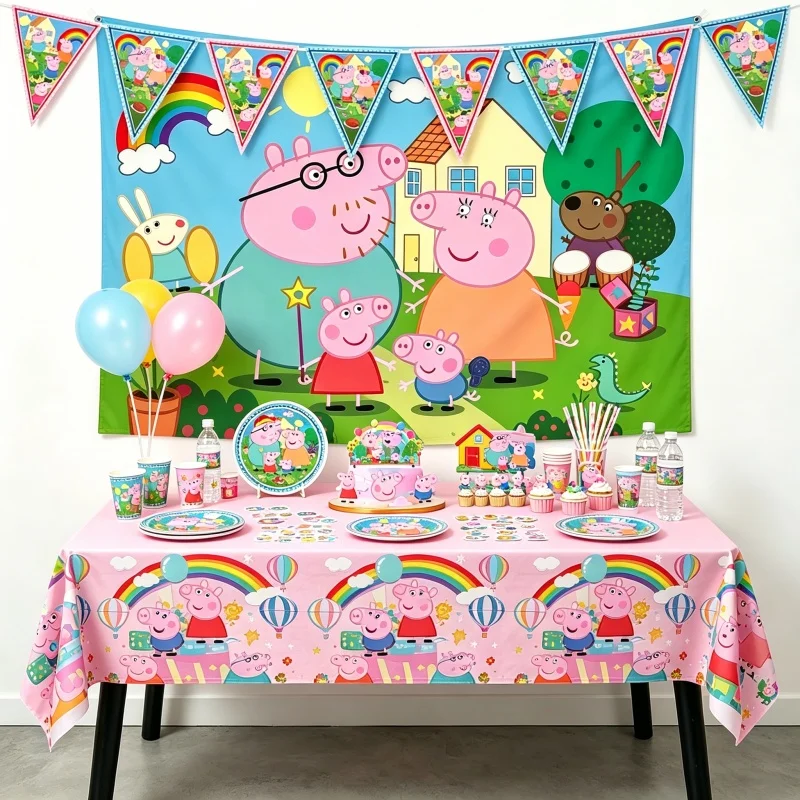 Hasbro Schweinchen-Cartoon-Muster Pappteller Becher Servietten Peppa Waben-Tischdecke Festival Picknick Versammlung Esstisch-Dekoration