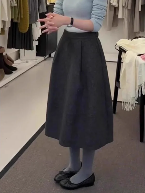

High Waist A-Line Skirt Floor Length Overlap Design Korean Sle Woolen Pleated Skirt for Women Autumn Winter New Arrival