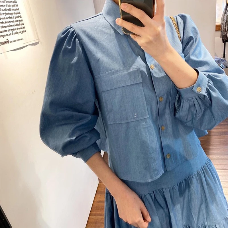 Korean Fashion Matching Sets Turn Down Collar Puff Sleeve Button Blouses High Waist Stitching Long Skirts Solid Color Women Set