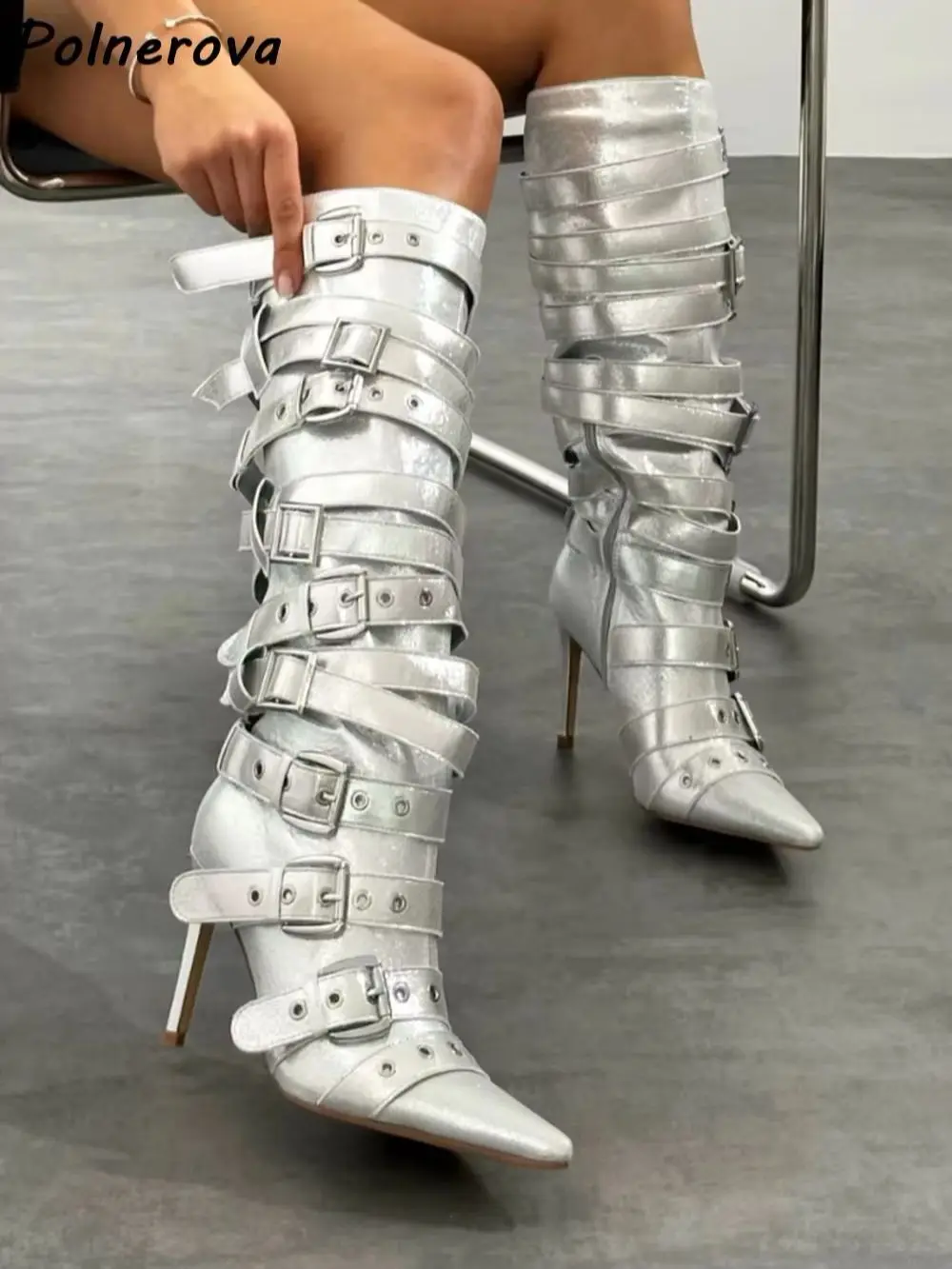 Multi Metal Buckle Knee High Boots Wrap Straps Pointed Toe Side Zipper Thin High Heel Boots Black Silver Gothic Stiletto Shoes