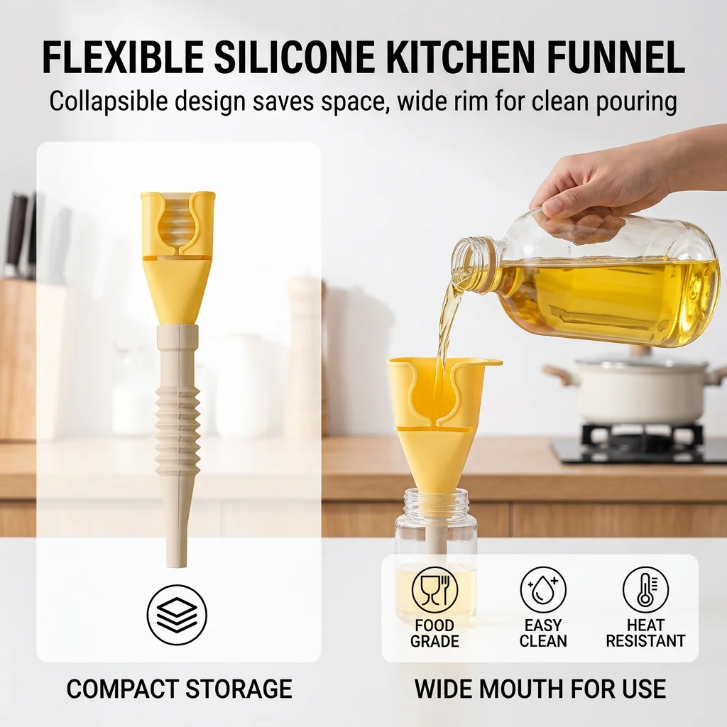 1 Pack Collapsible Funnel Food Grade Silicone for Kitchen Oil Transfer Spill Proof Foldable Liquid Dispenser Durable Gear