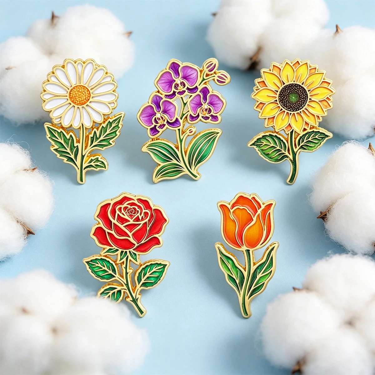 5Pcs Plant Flower Brooch Set Colorful Floral Daisy Rose Tulip Enamel Lapel Pin Decorative Badge for Jacket Bag Accessory