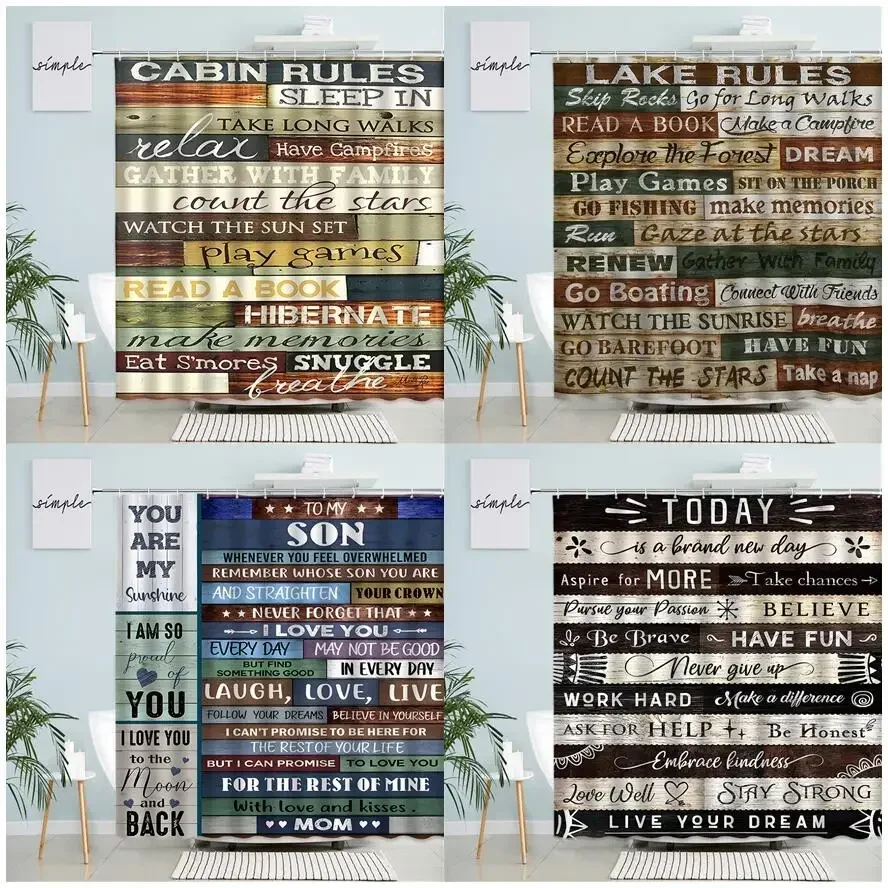 Inspirational Rules Shower Curtain Creative Design Famous Quotes Aphorism Retro Wood Board Print Fabric Bathroom Decor Curtains