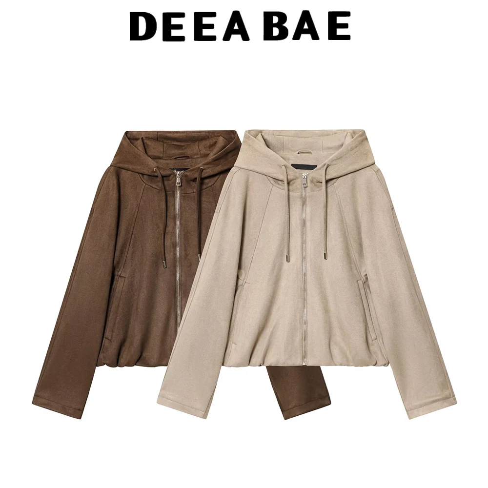 

DEEABAE 2025, осенний новый продукт, женская повседневная замшевая куртка-пилот с капюшоном и длинными рукавами, с эффектом текстуры, пальто