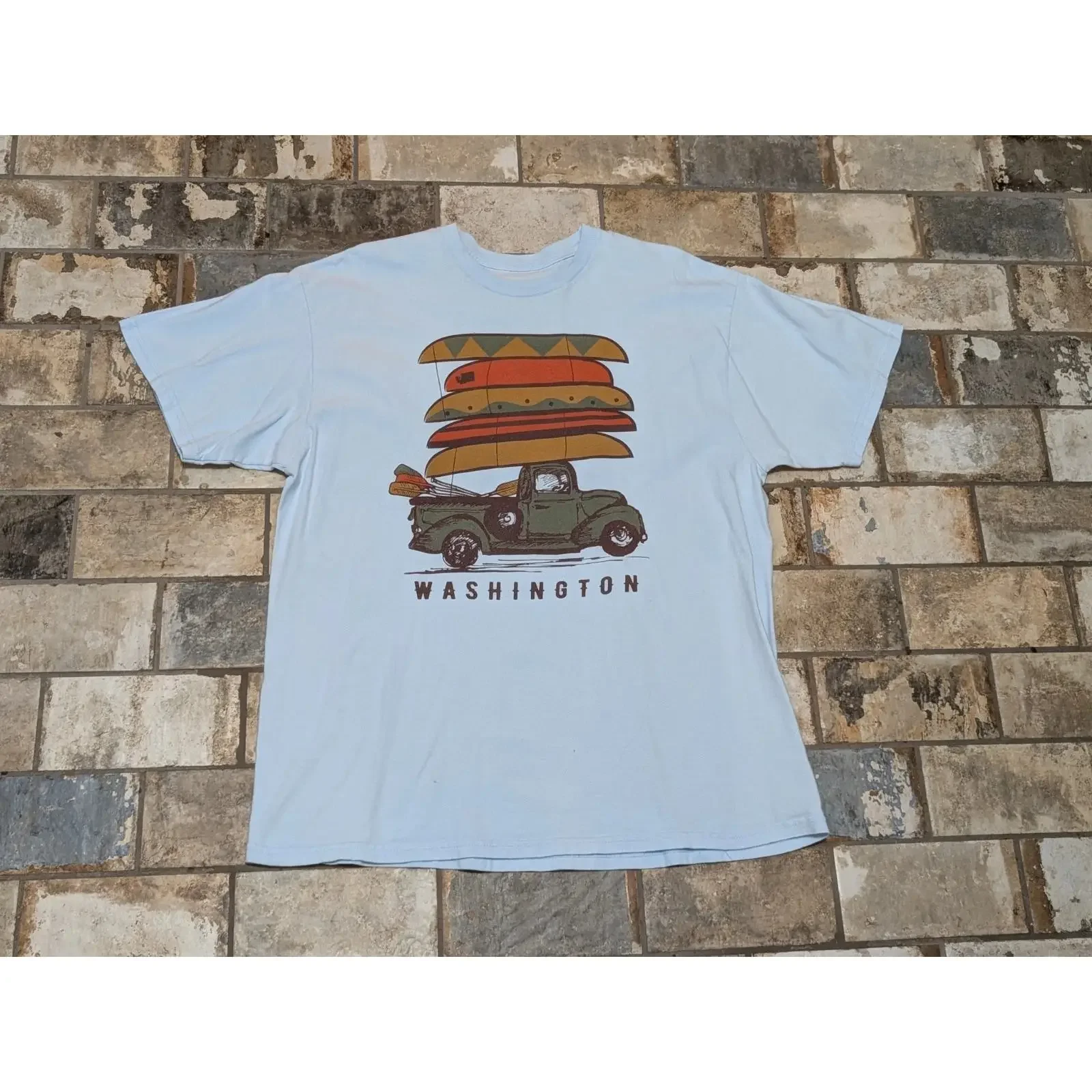 Adult XL Washington state light blue short sleeve pickup truck T shirt vintage Washed streetwear Top For Everyday Wear Slightly