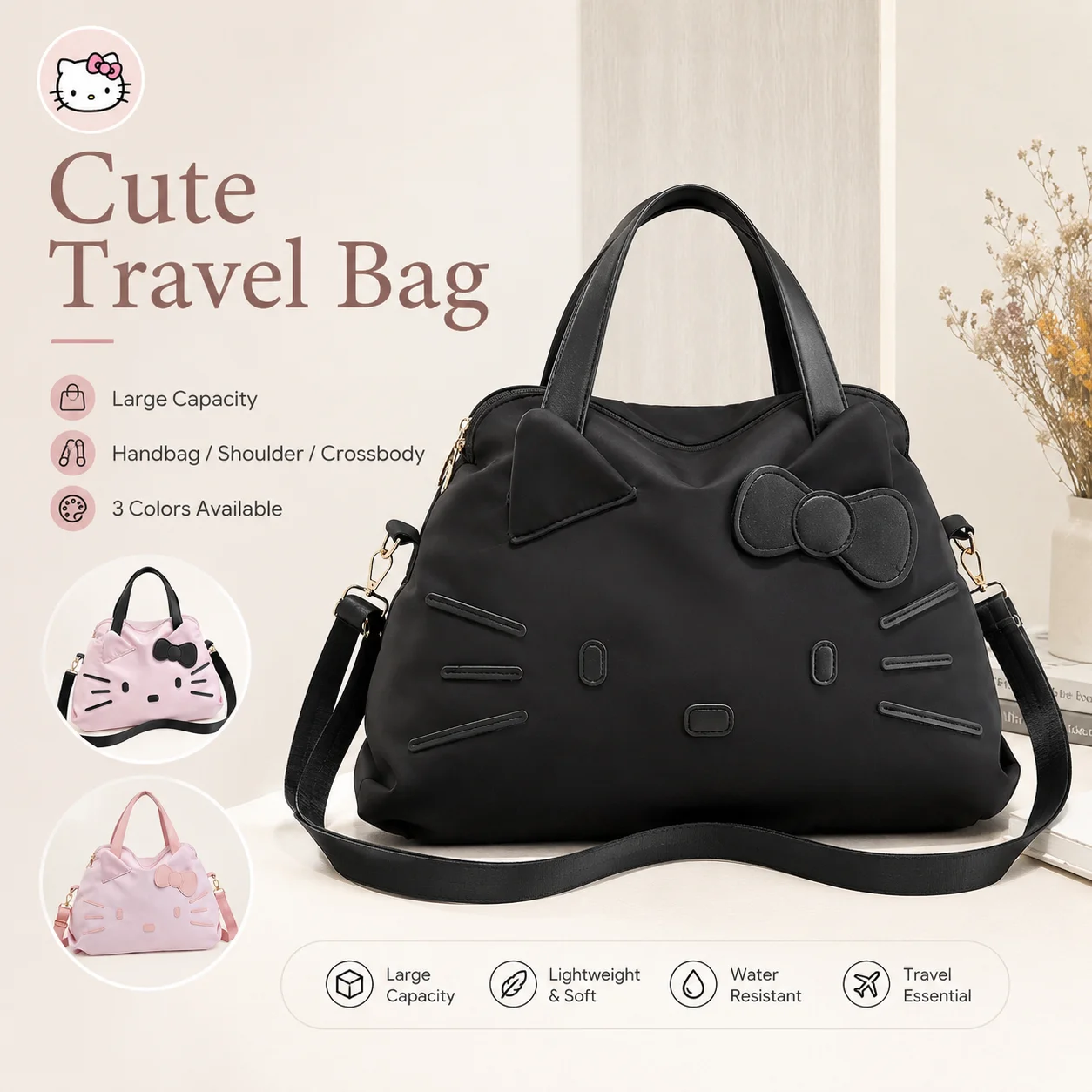 Sanrio Hello Kitty Reisetasche mit großem Fassungsvermögen, wasserdichte Handtasche, niedliche Cartoon-Mehrzweck-Schulter-Umhängetasche, tragbar