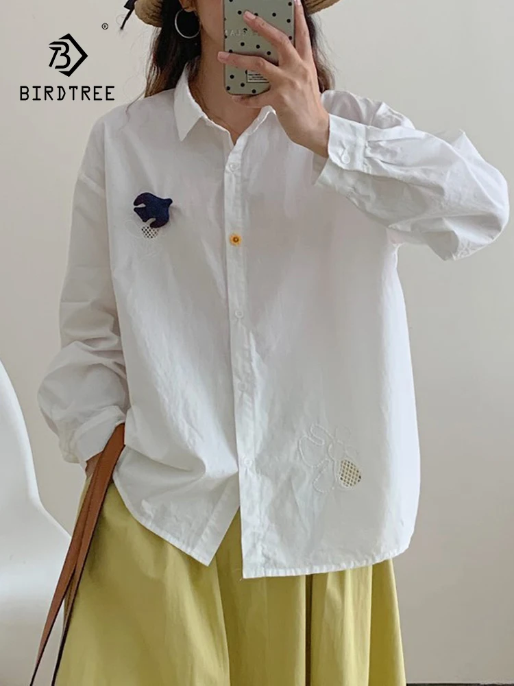 

Новинка 2025, осенняя хлопковая рубашка с длинными рукавами, женская рубашка с отложным воротником и 3D ласточкой, шикарная свободная блузка Mori Girl Age Reduction T5O826CC