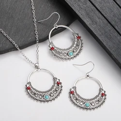 Boho Silver Color Necklace Set for Women Vintage Carved Round Pendant Earrings Necklace Sets 2022 Indian Jewelry Accessories