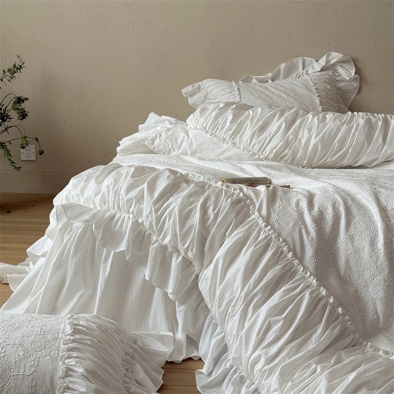 100% Cotton White Vintage French Princess Wedding Bedding Set Washed Cotton Pleated Ruffle Duvet Cover Bed Skirt Pillowcase 4Pcs