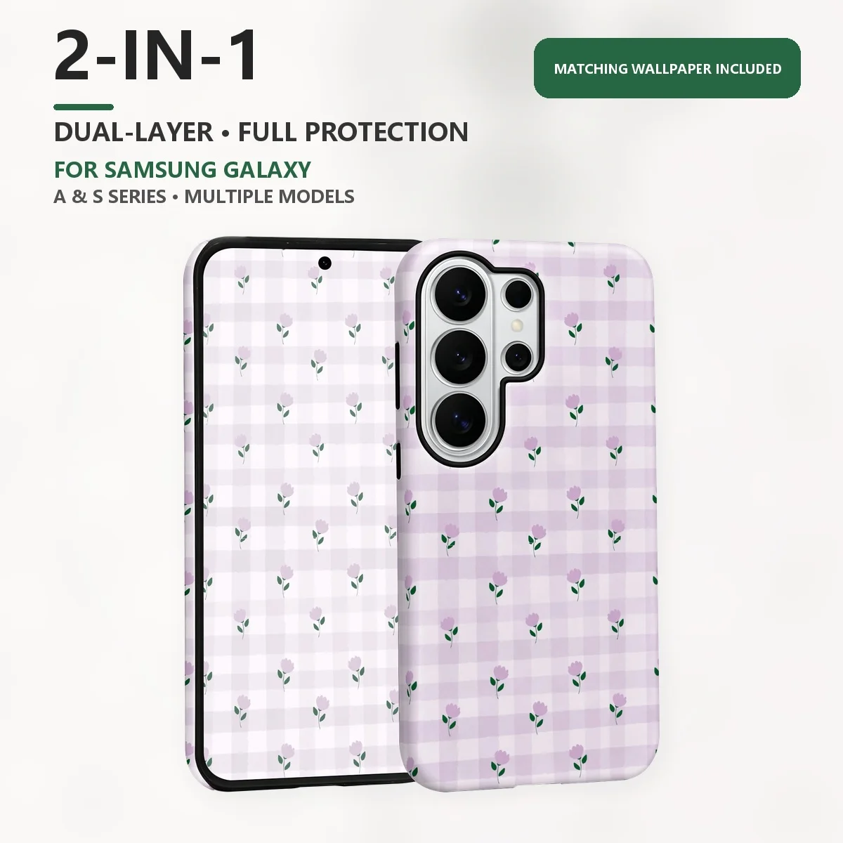 Purple Gingham Floral 2-in-1 Dual-Layer Phone Case for Samsung Galaxy S26 S25 S24 Plus Ultra FE S20 FE A56 A17 A16 A15