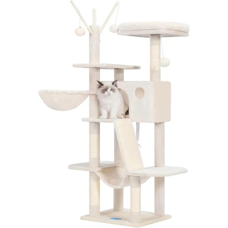 

Hey-brother Cat Tree, 53 inch Cat Tower for Indoor Cats, Cat House with Padded Platform Bed, Toy Balls, Large Cozy Condo, Hammoc