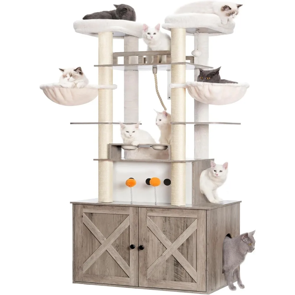 

Cat Tree for Maine Coon with Litter Box Enclosure, 72-inch Wooden Cat Tower for Indoor Cats Large Adult, Big Condo with F
