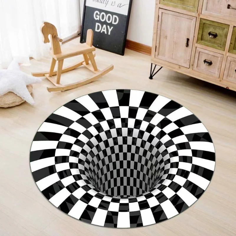 3D Vortex Illusion Round Carpets for Living Room Decoration Black White Grid Carpet Large Area Rugs Bedroom Entrance Door Mat