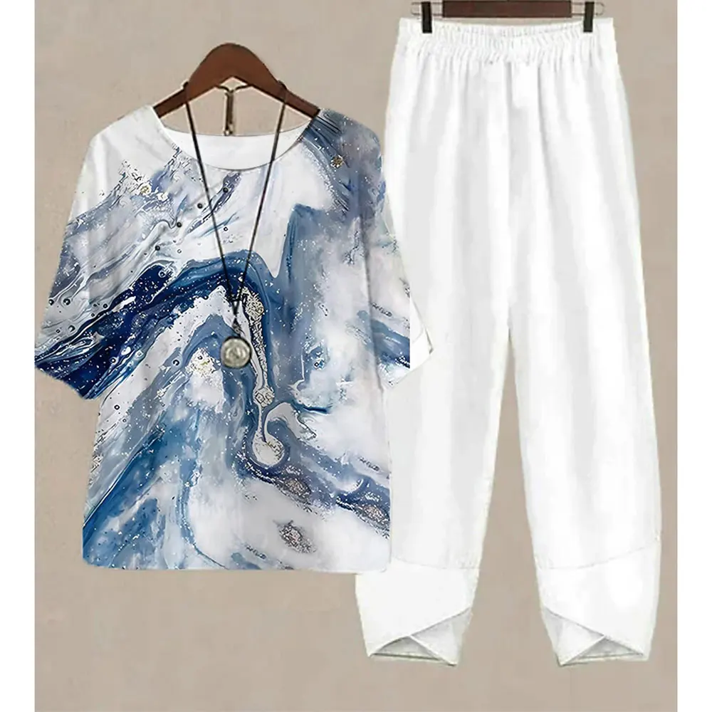 New Vintage Two Piece Set Line Printing Casual Women Round Neck Short Sleeve Shirt Sets High Waist Loose Comfort Pants Suit Fall