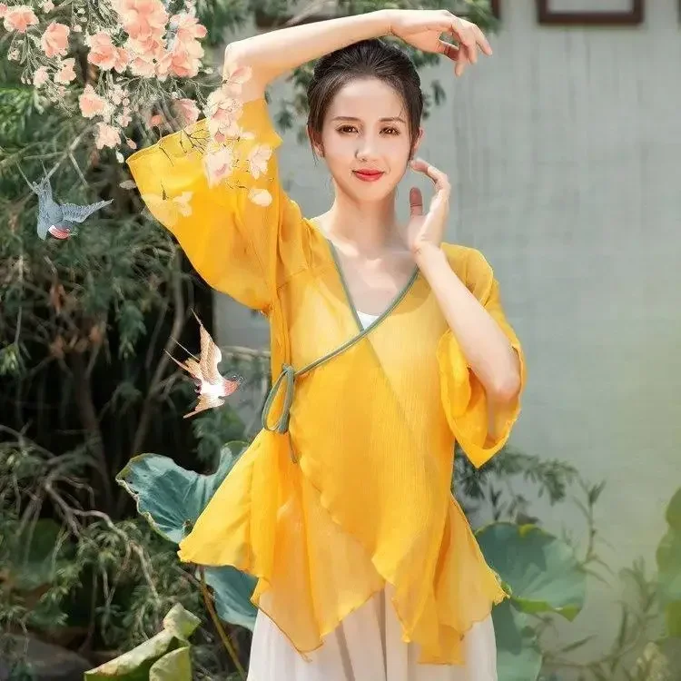 Classical Dance Costume Female Adult Fashion Hanfu Clothing Elegant Tops Loose Dancer Pants Folk Dancewear Stage Performance