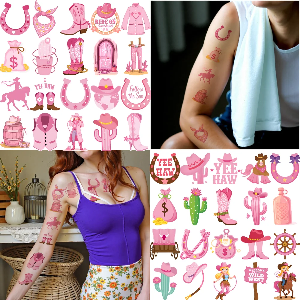 

63pcs Temporary Tattoo Cowgirl Hat Temporary Tattoo Stickers Horseshoe Cactus Cartoon For Cheeks Women